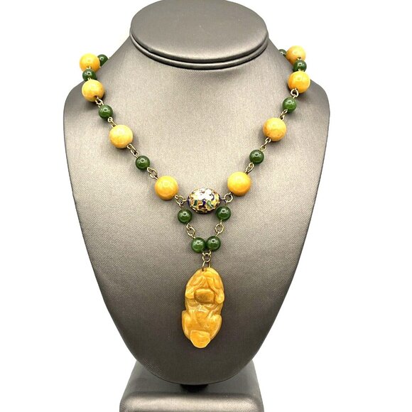 Yellow Jade & Green Nephrite Jade Cloisonne Beaded Carved Foo Dog Necklace 18" - Picture 1 of 12